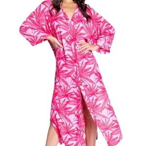 PJ Salvage Pink Tropical Palm Print Maxi Robe Duster Cover Up Slit size S/M